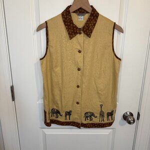 Stone Bridge Womens Sleeveless Blouse Size Medium Safari Embroidered Linen Blend